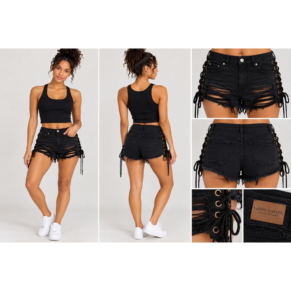 Lauren Ralph Lauren Black Distressed Lace Up Grommet Denim Shorts Petite